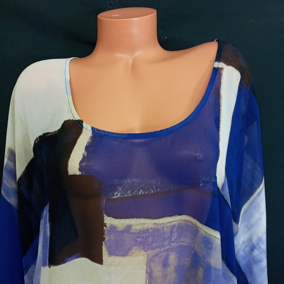 26/28 Plus Size Lane bryant blue black abstract sheer see through batwing top - Picture 5 of 10